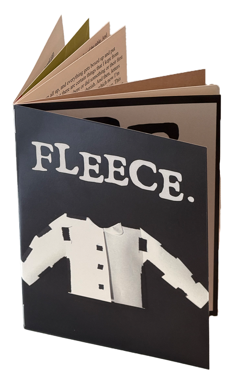 a photo of the first edition of FLEECE, standing up, with white text reading 'FLEECE' on a black background, with an image of a paper shirt on the cover